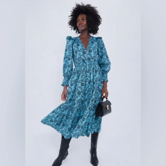 NWT Banjanan Bristol Pearl Midi Dress Women's XL Turquoise Pockets Long Sleeve - Picture 5 of 16